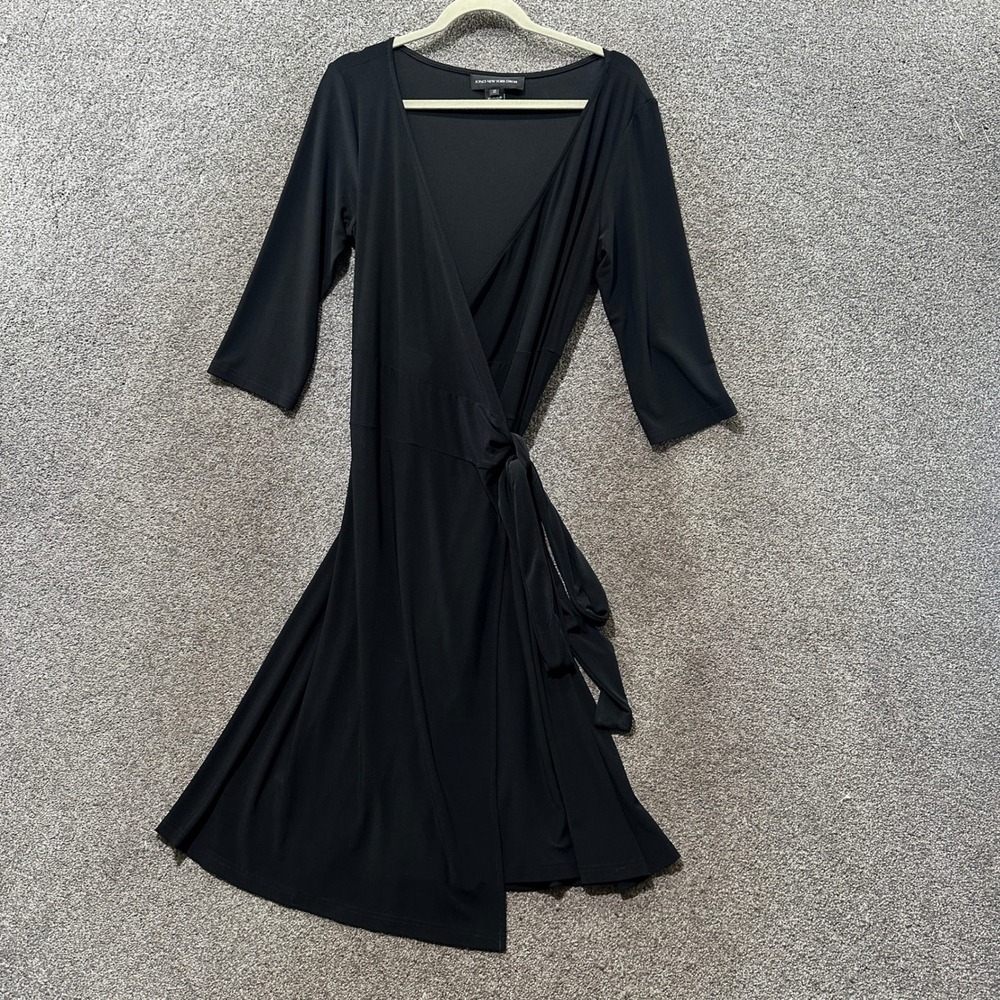 Jones New York Wrap Dress Size 12 Black 3/4 Sleeve Midi Stretch LBD Classic